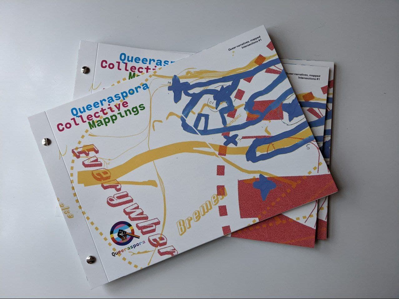 Three brochures, stacked with the title Queeraspora collective mappings