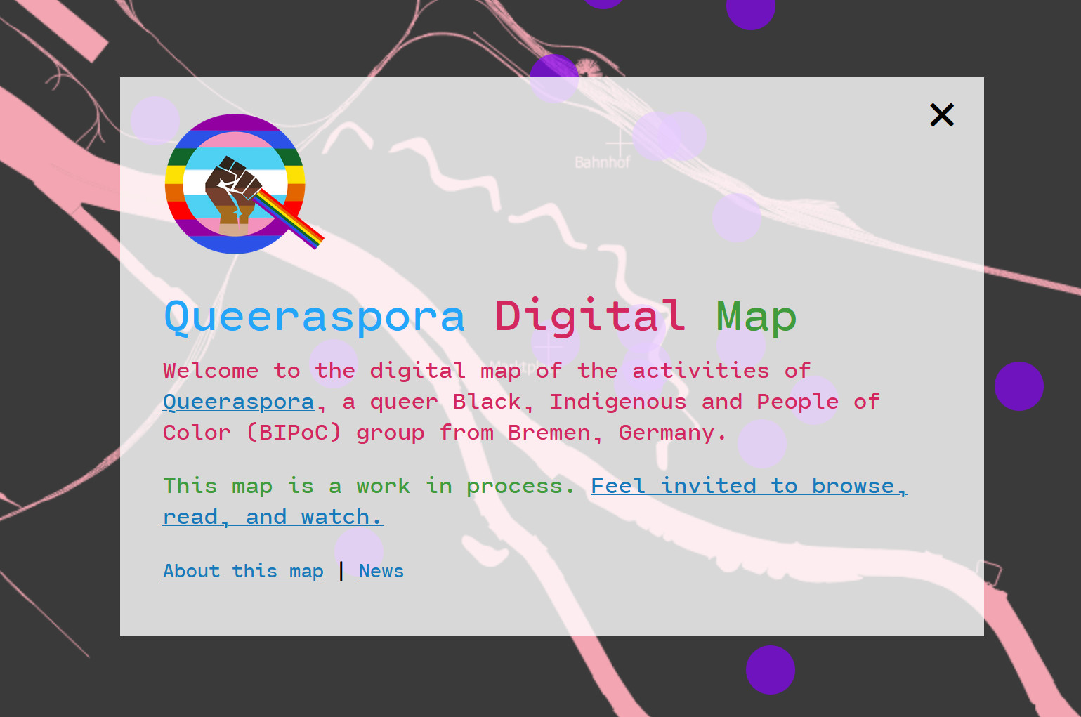Screenshot of the opening screen of the Queeraspora digital map